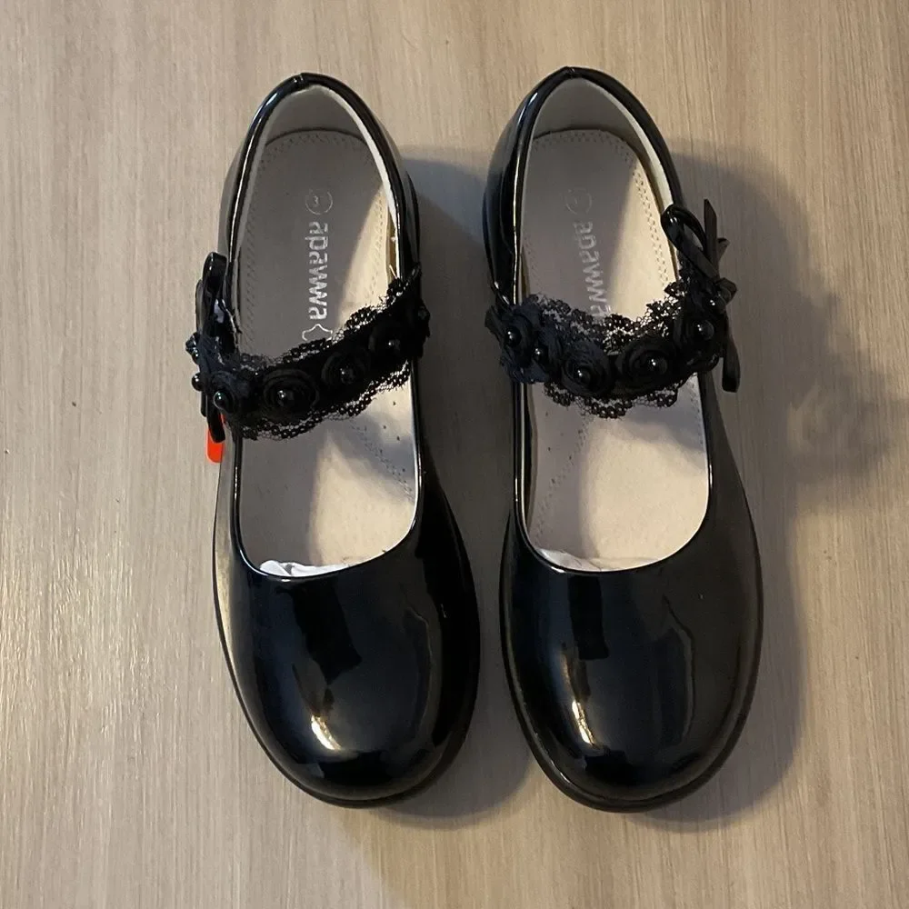 Black Girls Dress Shoes with Floral Strap
